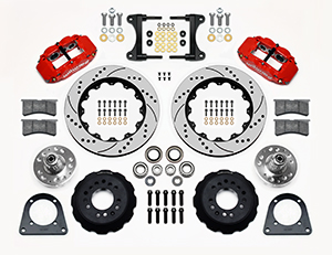 Wilwood Forged Narrow Superlite 6R Big Brake Front Brake Kit (Hub) Parts Laid Out - Red Powder Coat Caliper - SRP Drilled & Slotted Rotor