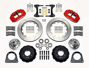 Wilwood Forged Narrow Superlite 6R Big Brake Front Brake Kit (Hub) Parts Laid Out - Red Powder Coat Caliper - GT Slotted Rotor