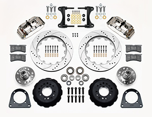 Wilwood Forged Narrow Superlite 6R Big Brake Front Brake Kit (Hub) Parts Laid Out - Polish Caliper - SRP Drilled & Slotted Rotor