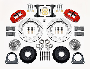 Wilwood Forged Narrow Superlite 6R Big Brake Front Brake Kit (Hub) Parts Laid Out - Red Powder Coat Caliper - SRP Drilled & Slotted Rotor