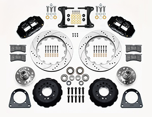 Wilwood Forged Narrow Superlite 6R Big Brake Front Brake Kit (Hub) Parts Laid Out - Black Powder Coat Caliper - SRP Drilled & Slotted Rotor