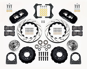 Wilwood AERO6 Big Brake Front Brake Kit Parts Laid Out - Black Powder Coat Caliper - SRP Drilled & Slotted Rotor