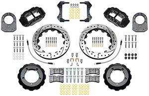 Wilwood Forged Narrow Superlite 6R Big Brake Front Brake Kit (Hat) Parts Laid Out - Black Powder Coat Caliper - SRP Drilled & Slotted Rotor