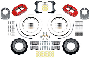 Wilwood Forged Narrow Superlite 6R Big Brake Front Brake Kit (Hat) Parts Laid Out - Red Powder Coat Caliper - Plain Face Rotor