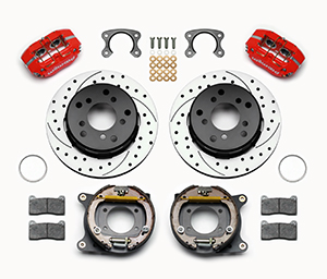 Wilwood Dynapro Lug Mount Rear Parking Brake Kit Parts Laid Out - Red Powder Coat Caliper - SRP Drilled & Slotted Rotor