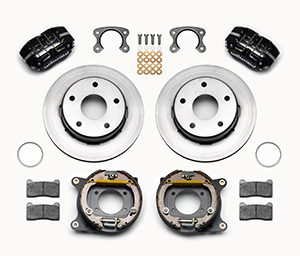 Wilwood Dynapro Lug Mount Rear Parking Brake Kit Parts Laid Out - Black Powder Coat Caliper - Plain Face Rotor