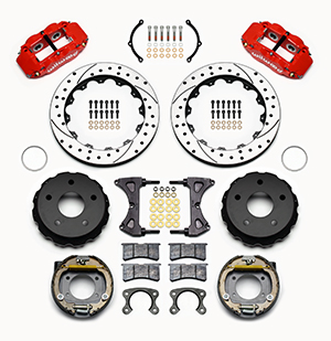 Wilwood Forged Narrow Superlite 4R Big Brake Rear Parking Brake Kit Parts Laid Out - Red Powder Coat Caliper - SRP Drilled & Slotted Rotor