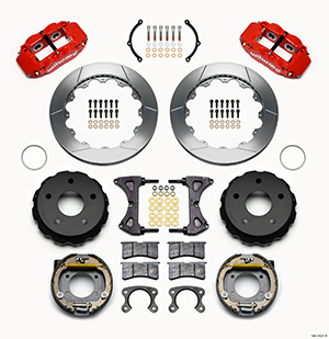 Wilwood Forged Narrow Superlite 4R Big Brake Rear Parking Brake Kit Parts Laid Out - Red Powder Coat Caliper - GT Slotted Rotor