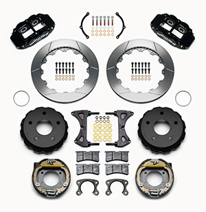 Wilwood Forged Narrow Superlite 4R Big Brake Rear Parking Brake Kit Parts Laid Out - Black Powder Coat Caliper - GT Slotted Rotor