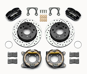 Wilwood Dynapro Lug Mount Rear Parking Brake Kit Parts Laid Out - Black Powder Coat Caliper - SRP Drilled & Slotted Rotor