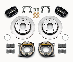 Wilwood Dynapro Lug Mount Rear Parking Brake Kit Parts Laid Out - Black Powder Coat Caliper - Plain Face Rotor