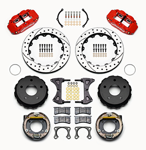 Wilwood Forged Narrow Superlite 4R Big Brake Rear Parking Brake Kit Parts Laid Out - Red Powder Coat Caliper - SRP Drilled & Slotted Rotor