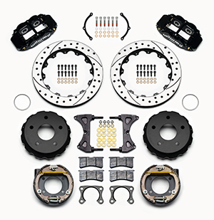 Wilwood Forged Narrow Superlite 4R Big Brake Rear Parking Brake Kit Parts Laid Out - Black Powder Coat Caliper - SRP Drilled & Slotted Rotor