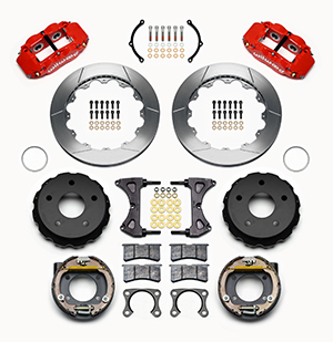 Wilwood Forged Narrow Superlite 4R Big Brake Rear Parking Brake Kit Parts Laid Out - Red Powder Coat Caliper - GT Slotted Rotor