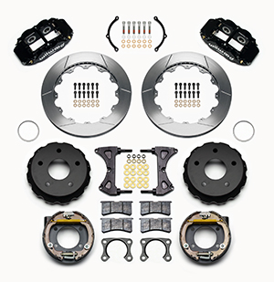 Wilwood Forged Narrow Superlite 4R Big Brake Rear Parking Brake Kit Parts Laid Out - Black Powder Coat Caliper - GT Slotted Rotor