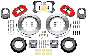 Wilwood Forged Narrow Superlite 6R Big Brake Front Brake Kit (Hat) Parts Laid Out - Red Powder Coat Caliper - GT Slotted Rotor