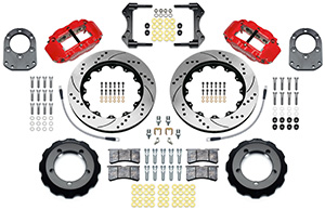 Wilwood Forged Narrow Superlite 6R Big Brake Front Brake Kit (Hat) Parts Laid Out - Red Powder Coat Caliper - SRP Drilled & Slotted Rotor