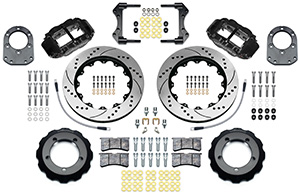 Wilwood Forged Narrow Superlite 6R Big Brake Front Brake Kit (Hat) Parts Laid Out - Black Powder Coat Caliper - SRP Drilled & Slotted Rotor