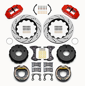 Wilwood Forged Narrow Superlite 4R Big Brake Rear Parking Brake Kit Parts Laid Out - Red Powder Coat Caliper - SRP Drilled & Slotted Rotor