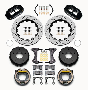 Wilwood Forged Narrow Superlite 4R Big Brake Rear Parking Brake Kit Parts Laid Out - Black Powder Coat Caliper - SRP Drilled & Slotted Rotor