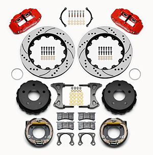 Wilwood Forged Narrow Superlite 4R Big Brake Rear Parking Brake Kit Parts Laid Out - Red Powder Coat Caliper - SRP Drilled & Slotted Rotor