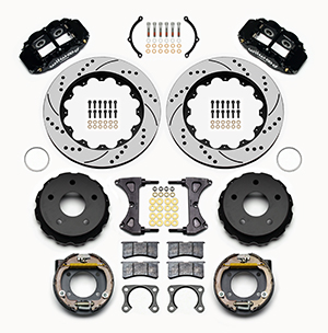 Wilwood Forged Narrow Superlite 4R Big Brake Rear Parking Brake Kit Parts Laid Out - Black Powder Coat Caliper - SRP Drilled & Slotted Rotor