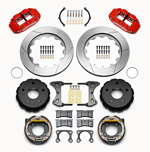 Wilwood Forged Narrow Superlite 4R Big Brake Rear Parking Brake Kit Parts Laid Out - Red Powder Coat Caliper - GT Slotted Rotor