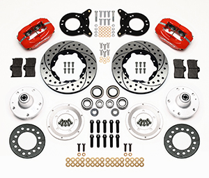 Wilwood Dynapro Dust-Boot Pro Series Front Brake Kit Parts Laid Out - Red Powder Coat Caliper - SRP Drilled & Slotted Rotor