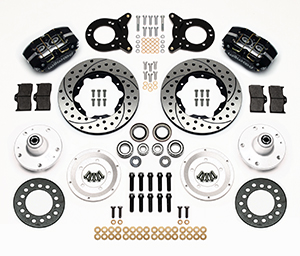 Wilwood Dynapro Dust-Boot Pro Series Front Brake Kit Parts Laid Out - Black Powder Coat Caliper - SRP Drilled & Slotted Rotor