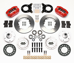 Wilwood Dynapro Dust-Boot Pro Series Front Brake Kit Parts Laid Out - Red Powder Coat Caliper - Plain Face Rotor