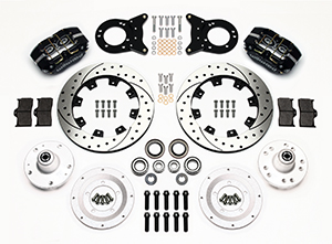 Wilwood Dynapro Dust-Boot Big Brake Front Brake Kit (Hub) Parts Laid Out - Black Powder Coat Caliper - SRP Drilled & Slotted Rotor