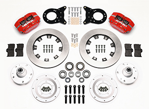 Wilwood Dynapro Dust-Boot Big Brake Front Brake Kit (Hub) Parts Laid Out - Red Powder Coat Caliper - Plain Face Rotor