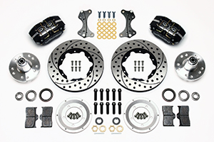 Wilwood Dynapro Dust-Boot Pro Series Front Brake Kit Parts Laid Out - Black Powder Coat Caliper - SRP Drilled & Slotted Rotor