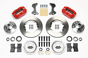 Wilwood Dynapro Dust-Boot Pro Series Front Brake Kit Parts Laid Out - Red Powder Coat Caliper - Plain Face Rotor