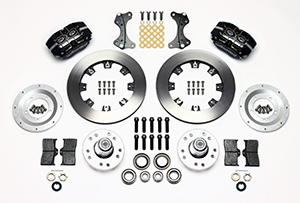 Wilwood Dynapro Dust-Boot Big Brake Front Brake Kit (Hub) Parts Laid Out - Black Powder Coat Caliper - Plain Face Rotor