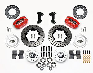 Wilwood Dynapro Dust-Boot Pro Series Front Brake Kit Parts Laid Out - Red Powder Coat Caliper - SRP Drilled & Slotted Rotor