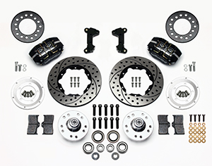 Wilwood Dynapro Dust-Boot Pro Series Front Brake Kit Parts Laid Out - Black Powder Coat Caliper - SRP Drilled & Slotted Rotor