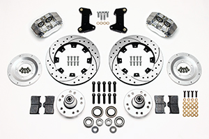 Wilwood Dynapro Dust-Boot Big Brake Front Brake Kit (Hub) Parts Laid Out - Polish Caliper - SRP Drilled & Slotted Rotor