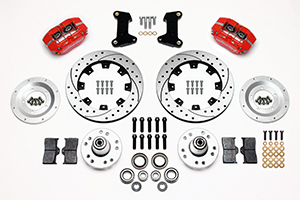 Wilwood Dynapro Dust-Boot Big Brake Front Brake Kit (Hub) Parts Laid Out - Red Powder Coat Caliper - SRP Drilled & Slotted Rotor