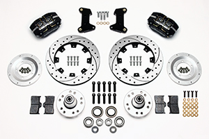 Wilwood Dynapro Dust-Boot Big Brake Front Brake Kit (Hub) Parts Laid Out - Black Powder Coat Caliper - SRP Drilled & Slotted Rotor