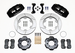 Wilwood Forged Dynapro 6 Big Brake Front Brake Kit (Hat) Parts Laid Out - Black Powder Coat Caliper - GT Slotted Rotor