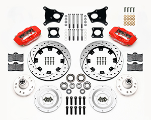 Wilwood Forged Dynalite Big Brake Front Brake Kit (Hub) Parts Laid Out - Red Powder Coat Caliper - SRP Drilled & Slotted Rotor