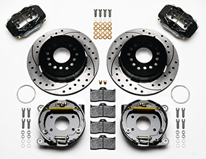 Wilwood Forged Dynalite Rear Parking Brake Kit Parts Laid Out - Black Powder Coat Caliper - SRP Drilled & Slotted Rotor