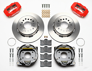 Wilwood Forged Dynalite Rear Parking Brake Kit Parts Laid Out - Red Powder Coat Caliper - Plain Face Rotor