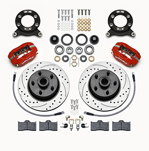 Wilwood Classic Series Dynalite Front Brake Kit Parts Laid Out - Red Powder Coat Caliper - SRP Drilled & Slotted Rotor