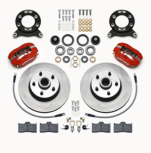 Wilwood Classic Series Dynalite Front Brake Kit Parts Laid Out - Red Powder Coat Caliper - Plain Face Rotor