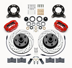 Wilwood Classic Series Dynalite Front Brake Kit Parts Laid Out - Red Powder Coat Caliper - SRP Drilled & Slotted Rotor