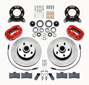 Wilwood Classic Series Dynalite Front Brake Kit Parts Laid Out - Red Powder Coat Caliper - Plain Face Rotor