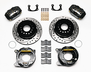 Wilwood Forged Dynalite Rear Parking Brake Kit Parts Laid Out - Black Powder Coat Caliper - SRP Drilled & Slotted Rotor