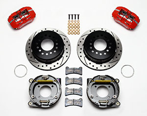 Wilwood Forged Dynapro Low-Profile Rear Parking Brake Kit Parts Laid Out - Red Powder Coat Caliper - SRP Drilled & Slotted Rotor